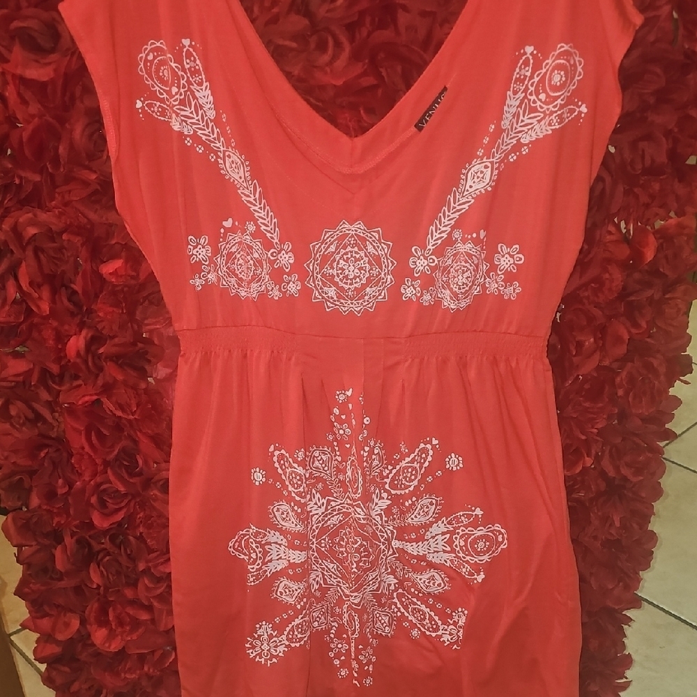 Venus Women's Coral Sundress With White Embroidery Size Xlarge